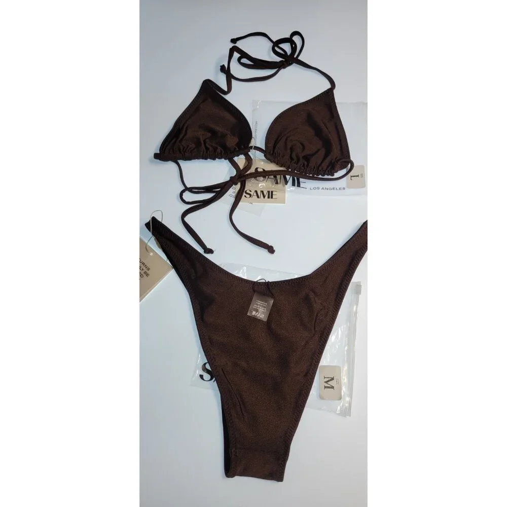 SAME Los Angeles Swim Bikini Set 2Pc Triangke Top L 90s Bottom Medium Brown SZ M - Picture 9 of 16